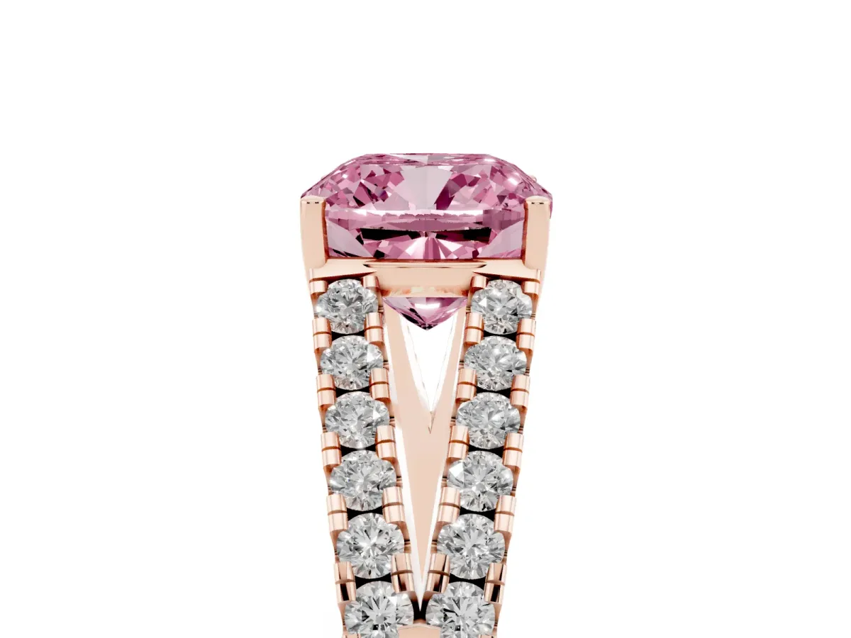 Fancy Pink Cushion Cut Diamond Split Shank Pavé Engagement Ring with Four-Prong Setting Rose gold