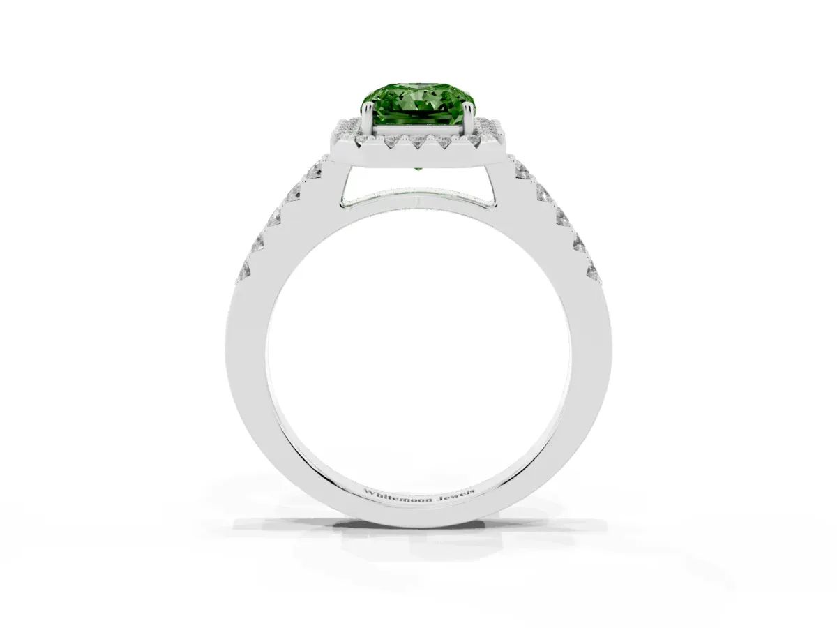 Fancy Green Radiant Cut Halo Diamond Pavé Solitaire Ring Silver