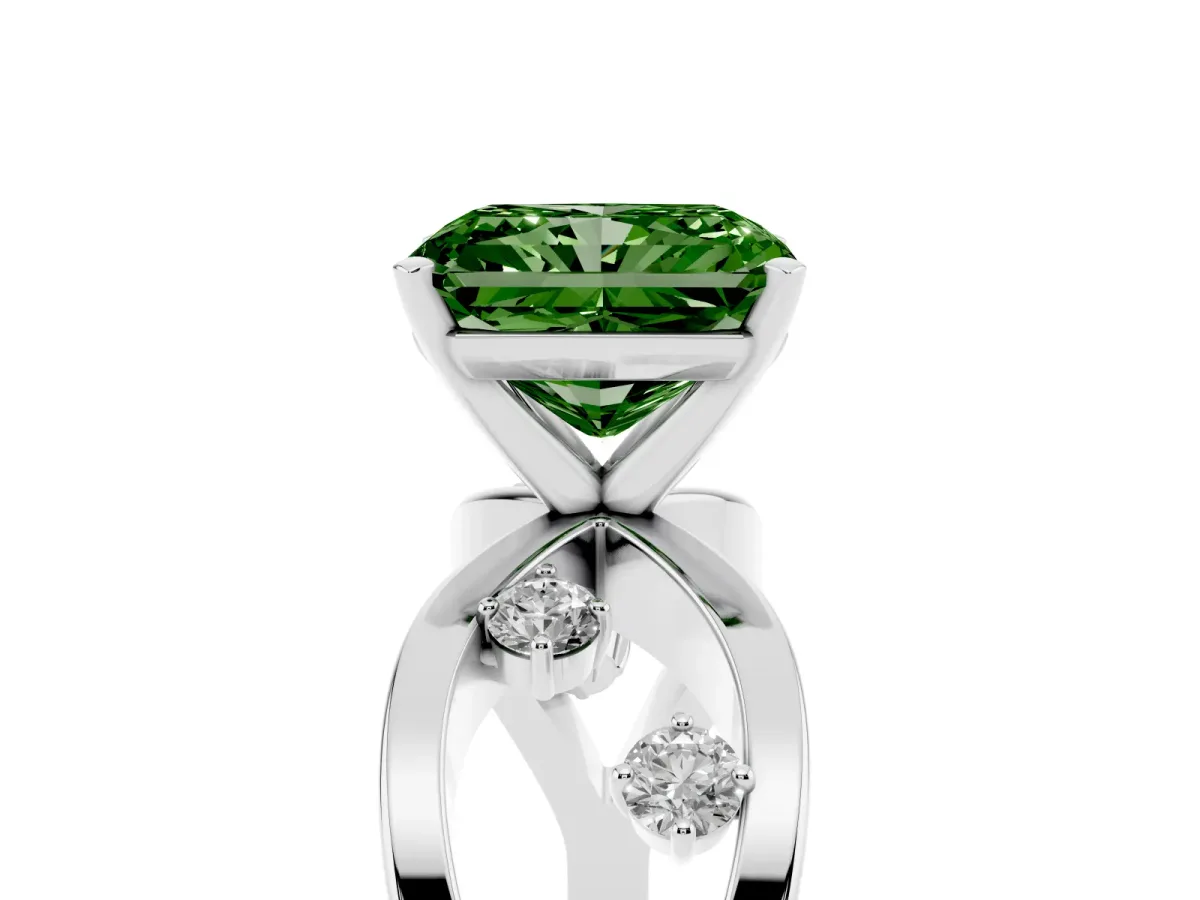Fancy Green Radiant Cut Cut Solitaire Diamond with Side Stones on Criss-Cross Band and Four-Prong Setting Platinum