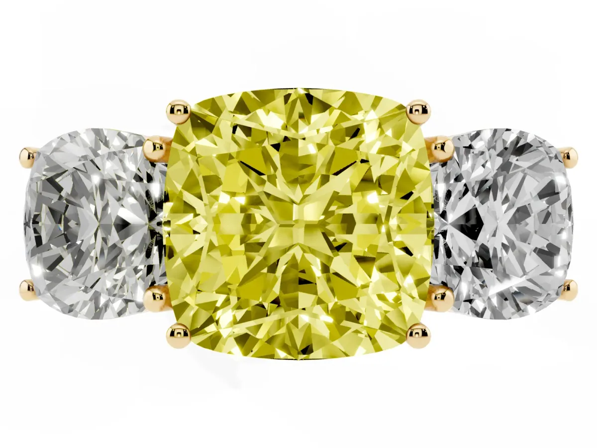 Fancy Yellow Three-Stone Cushion Cut Diamond Braided Band Ring with Four-Prong Setting Yellow gold