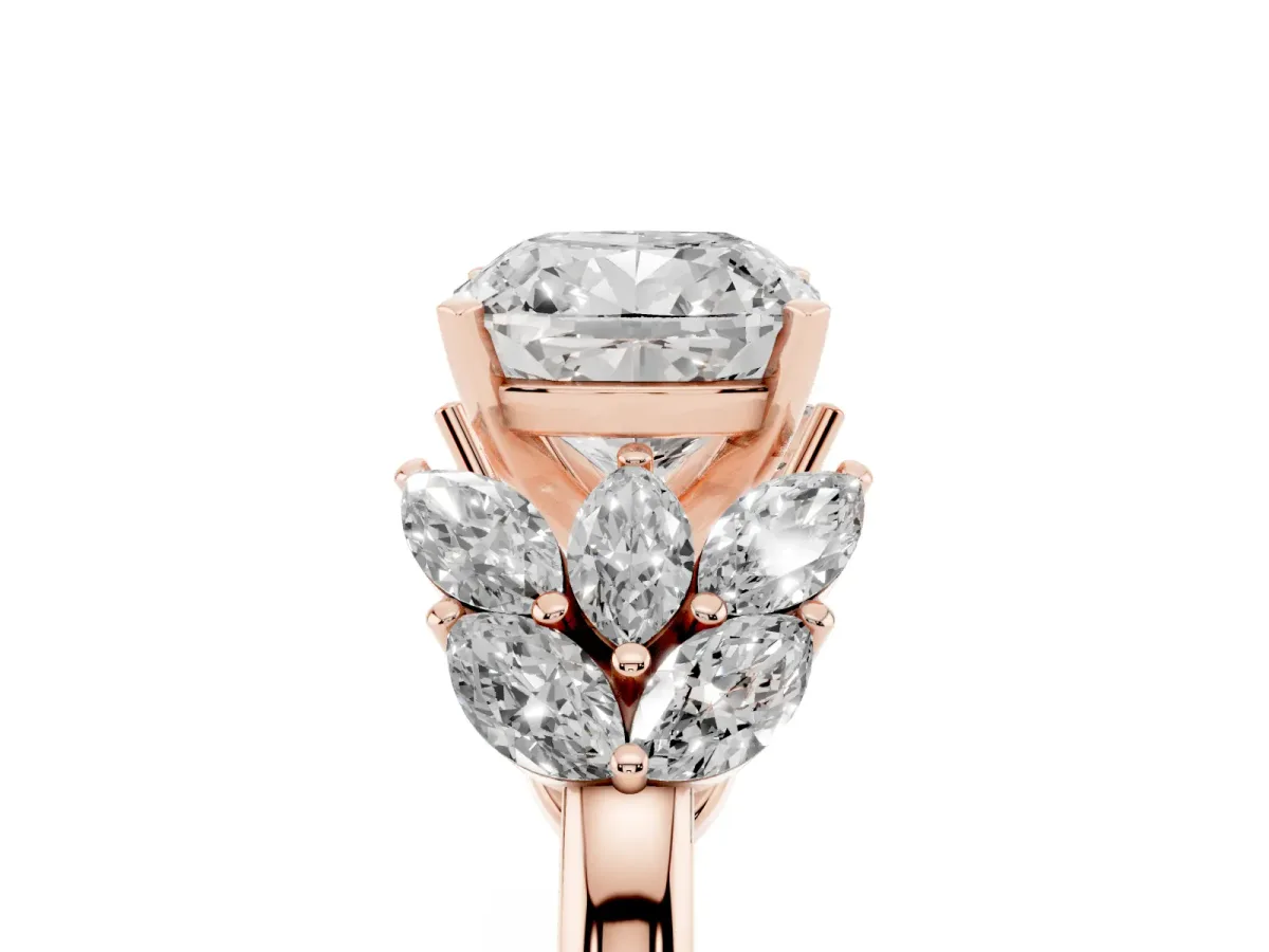 Cushion Cut Diamond Cluster Leaf Design Ring with Prong Setting Rose gold