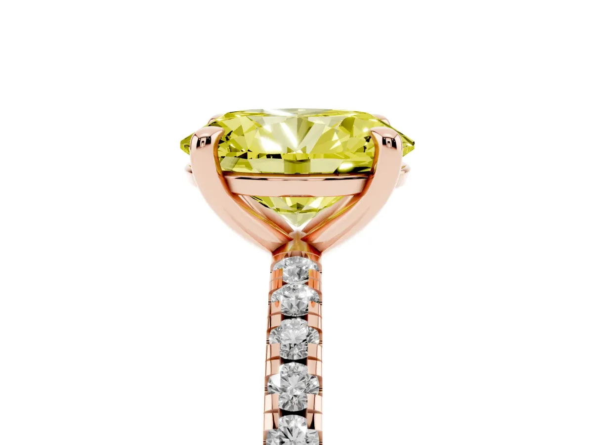 Fancy Yellow Oval Cut Diamond Brilliant Solitaire Ring with Pavé Band and Four-Prong Setting Rose gold