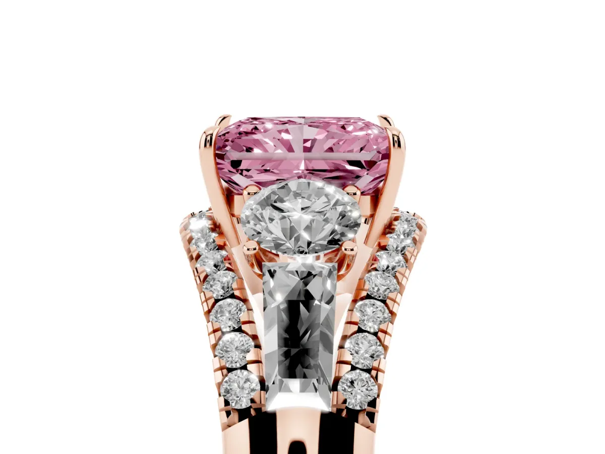 Fancy Pink Three-Stone Radiant Cut Diamond Engagement Ring with Pave Band and Prong Setting Rose gold