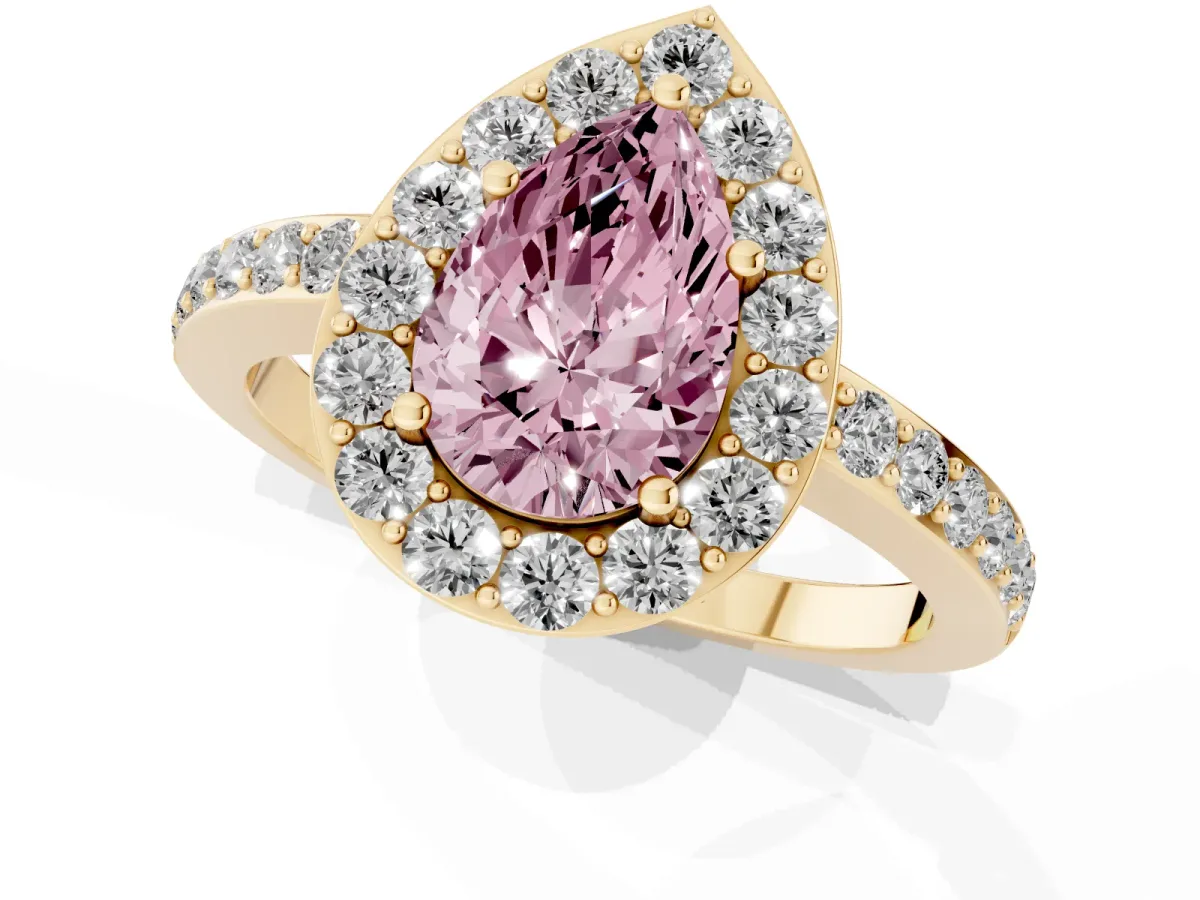 Fancy Pink Pear Cut Halo Diamond Pavé Band Ring with Prong Setting Yellow gold