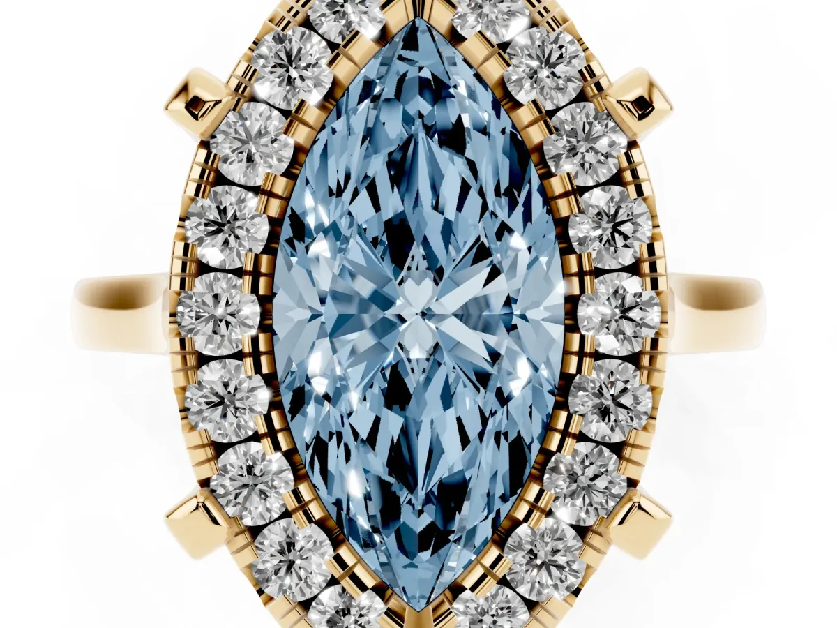 Fancy Blue Marquise Cut Diamond Cluster Halo Solitaire with Four-Prong Setting Yellow gold