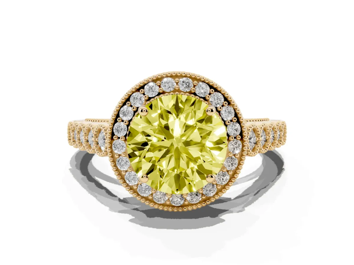Fancy Yellow Round Cut Halo Milgrain Solitaire with Bezel Set Side Stones and Pave Band Yellow gold