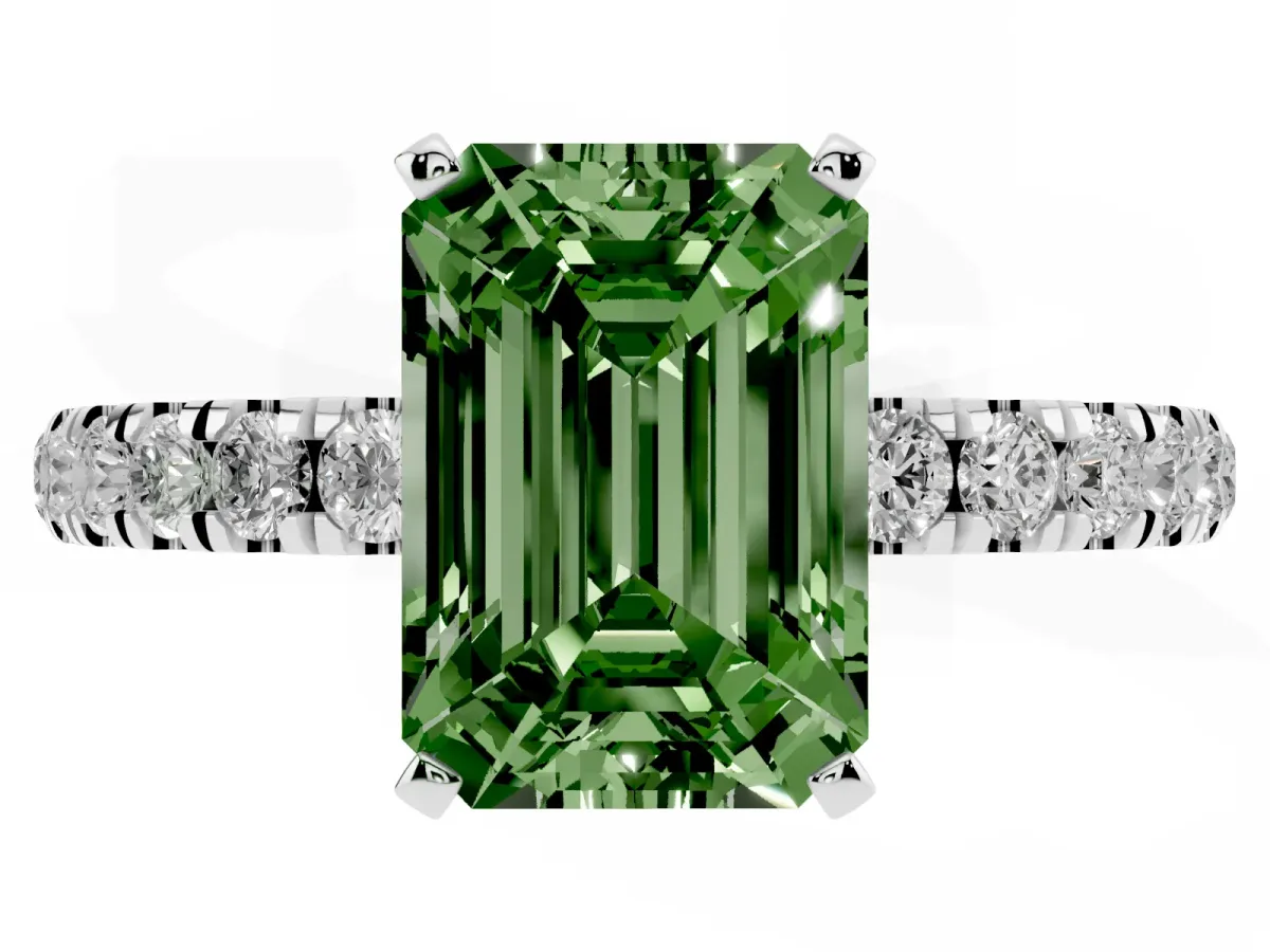 Fancy Green Emerald Cut Diamond Solitaire Ring with Pavé Accents and Four-Prong Setting Silver