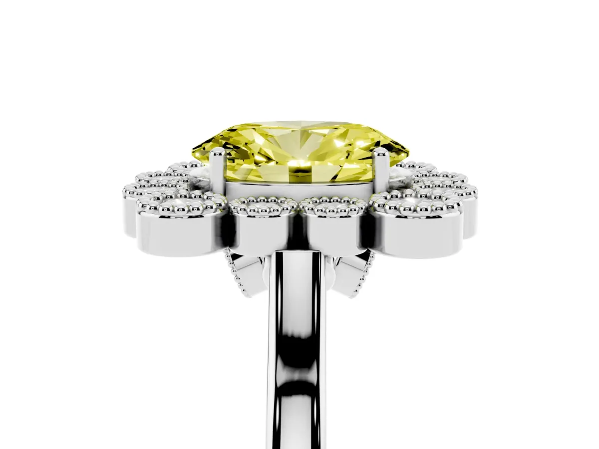 Fancy Yellow Oval Cut Halo Diamond Cluster Engagement Ring with Milgrain Bezel Setting and Solitaire Band Silver