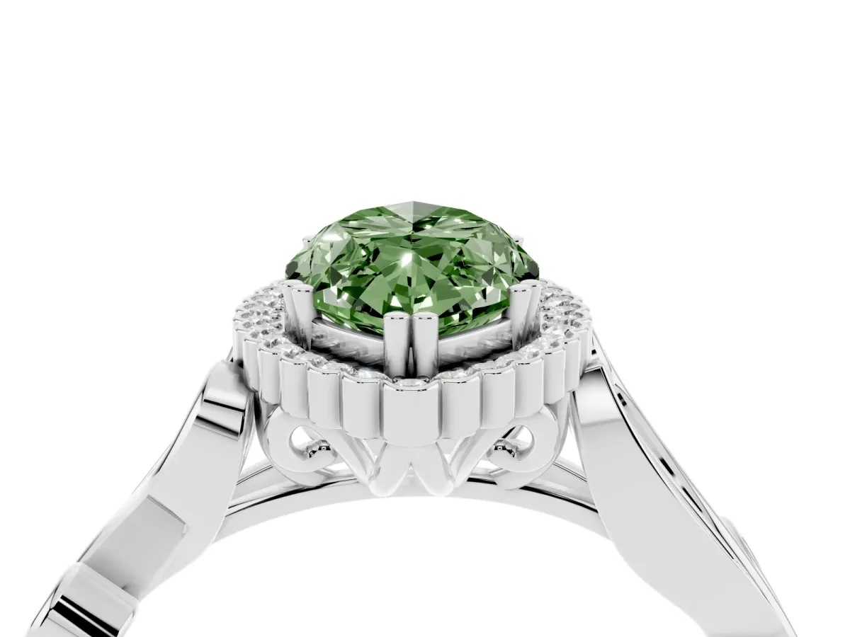 Fancy Green Marquise Cut Diamond Halo Ring with Vintage Split Shank and Four-Prong Setting Silver
