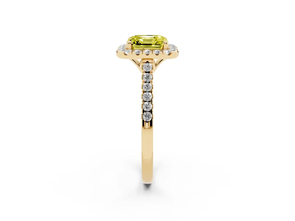 Fancy Yellow Asscher Cut Halo Pavé Diamond Engagement Ring with Four-Prong Setting Yellow gold