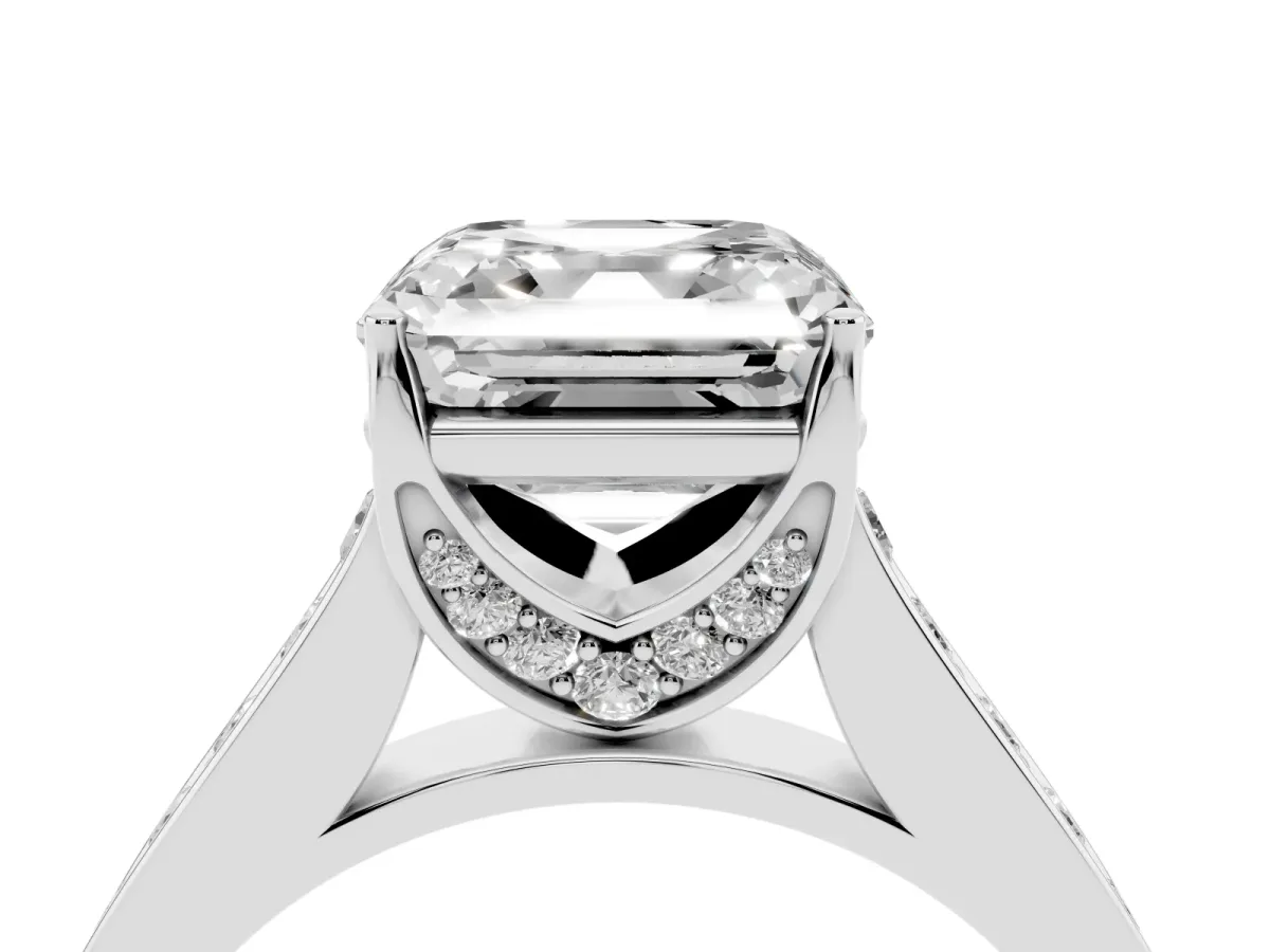 Asscher Cut Brilliant Cut Diamond Engagement Ring with Pavé Band and Four-Prong Setting Silver