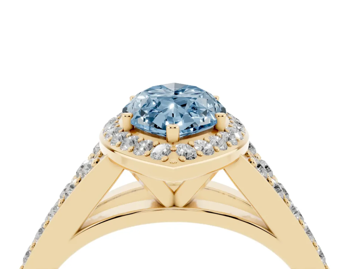 Fancy Blue Marquise Cut Diamond Split Shank Halo Ring with Four-Prong Setting Yellow gold