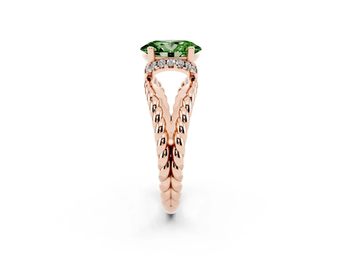Fancy Green Oval Cut Halo Twisted Band Four-Prong Ring Rose gold