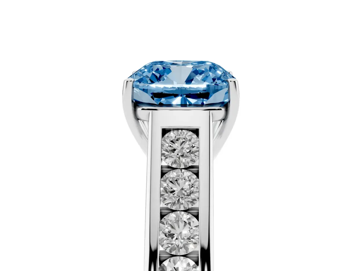 Fancy Blue Cushion Cut Brilliant Channel-Set Solitaire Ring with Four-Prong Setting Silver