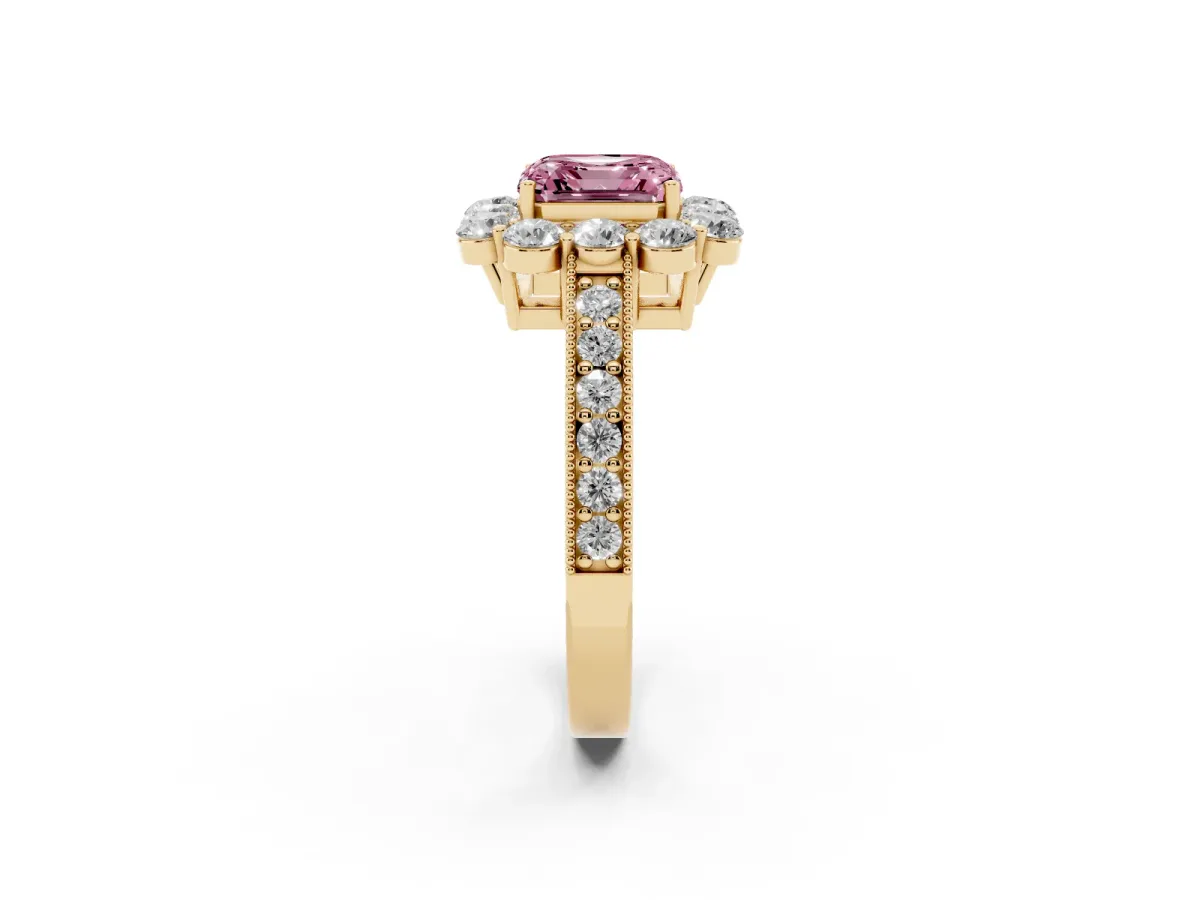 Fancy Pink Asscher Cut Cut Halo Diamond Pavé Engagement Ring with Milgrain Detailing Yellow gold