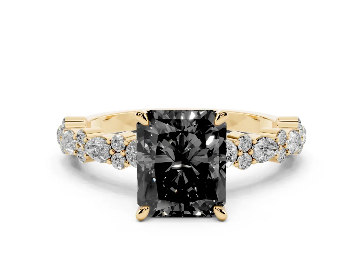 Fancy Black Radiant Cut Diamond Side Stone Solitaire Ring with Round and Four-Prong Setting Yellow gold