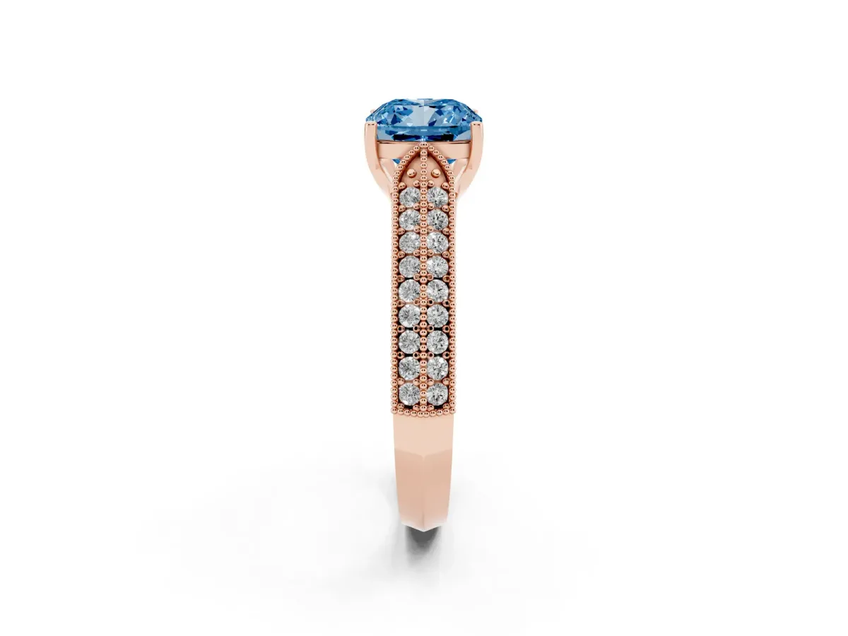Fancy Blue Cushion Cut Cut Pave Split Shank Engagement Ring with Four-Prong Setting Rose gold