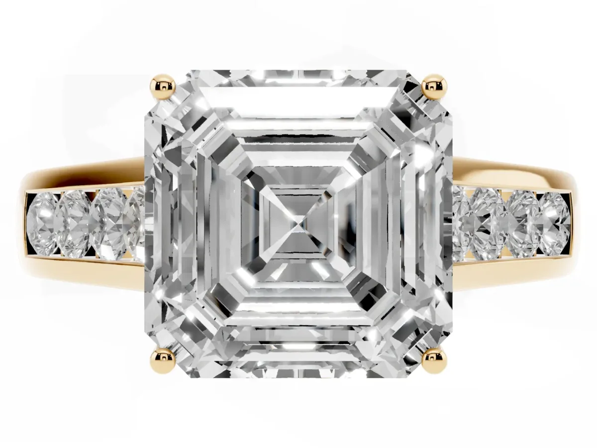 Asscher Cut Solitaire Channel-Set Diamond Engagement Ring with Four-Prong Setting Yellow gold