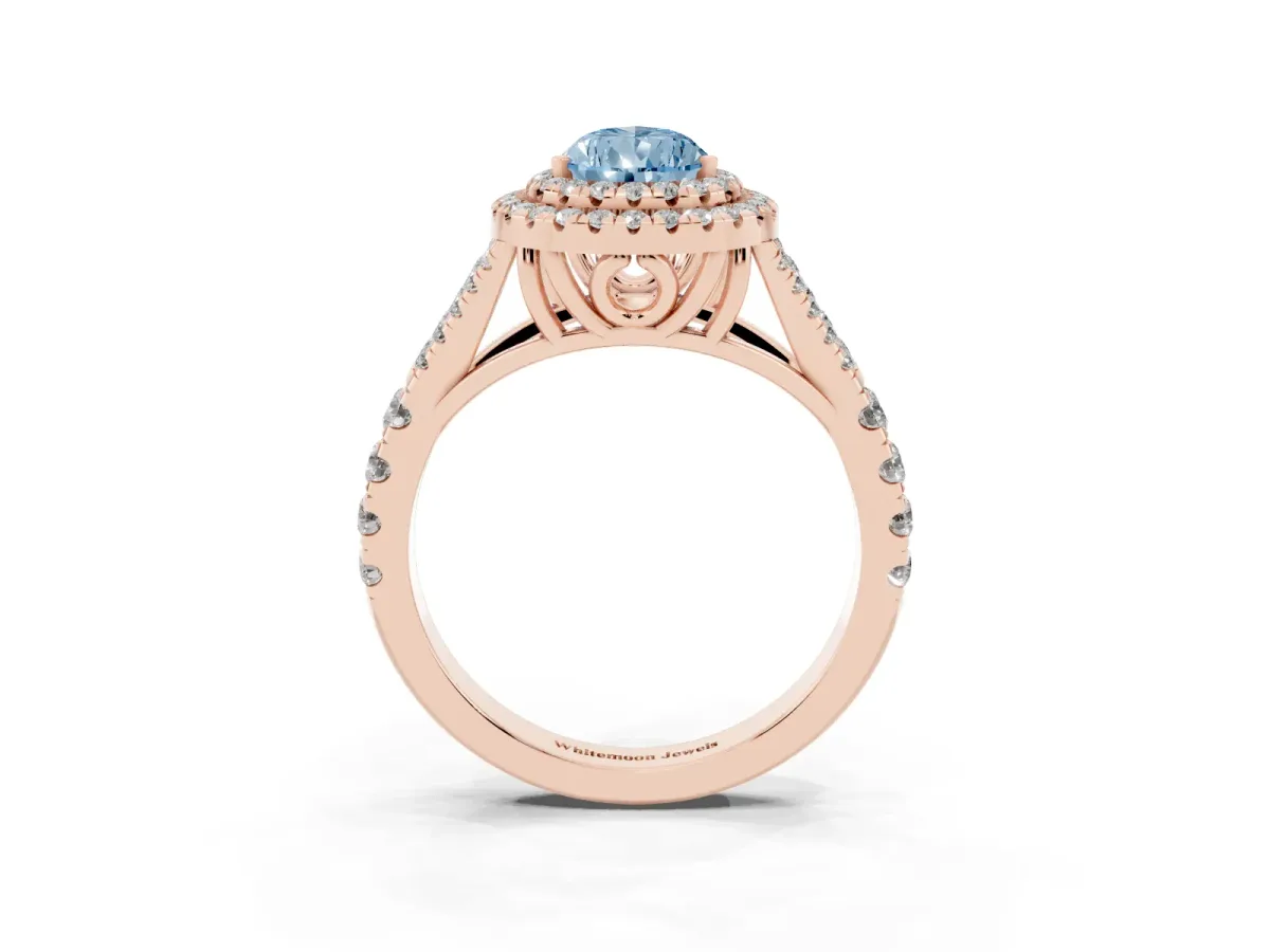 Fancy Blue Double Halo Pear Cut Diamond Split Shank Engagement Ring with Four-Prong Setting Rose gold