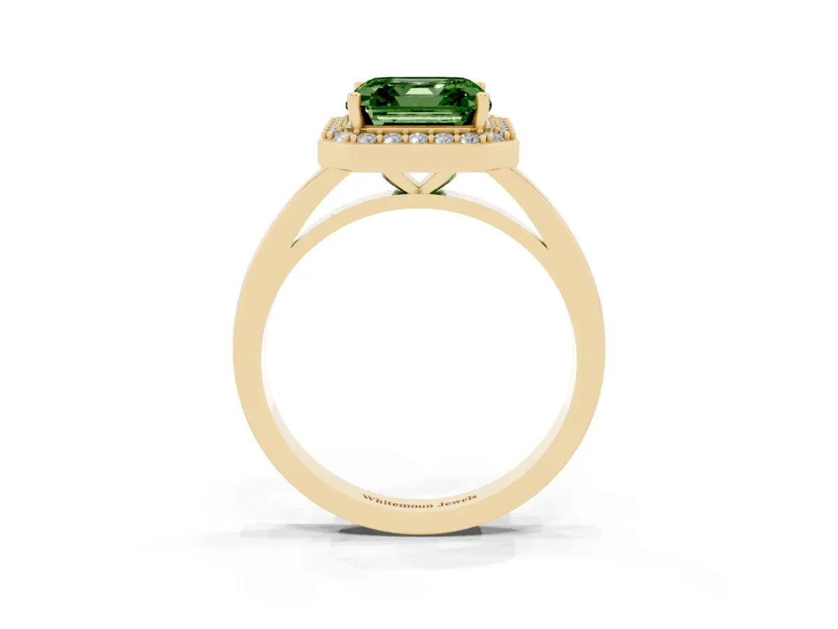 Fancy Green Asscher Cut Halo Diamond Ring with Solitaire Band and Prong Setting Yellow gold