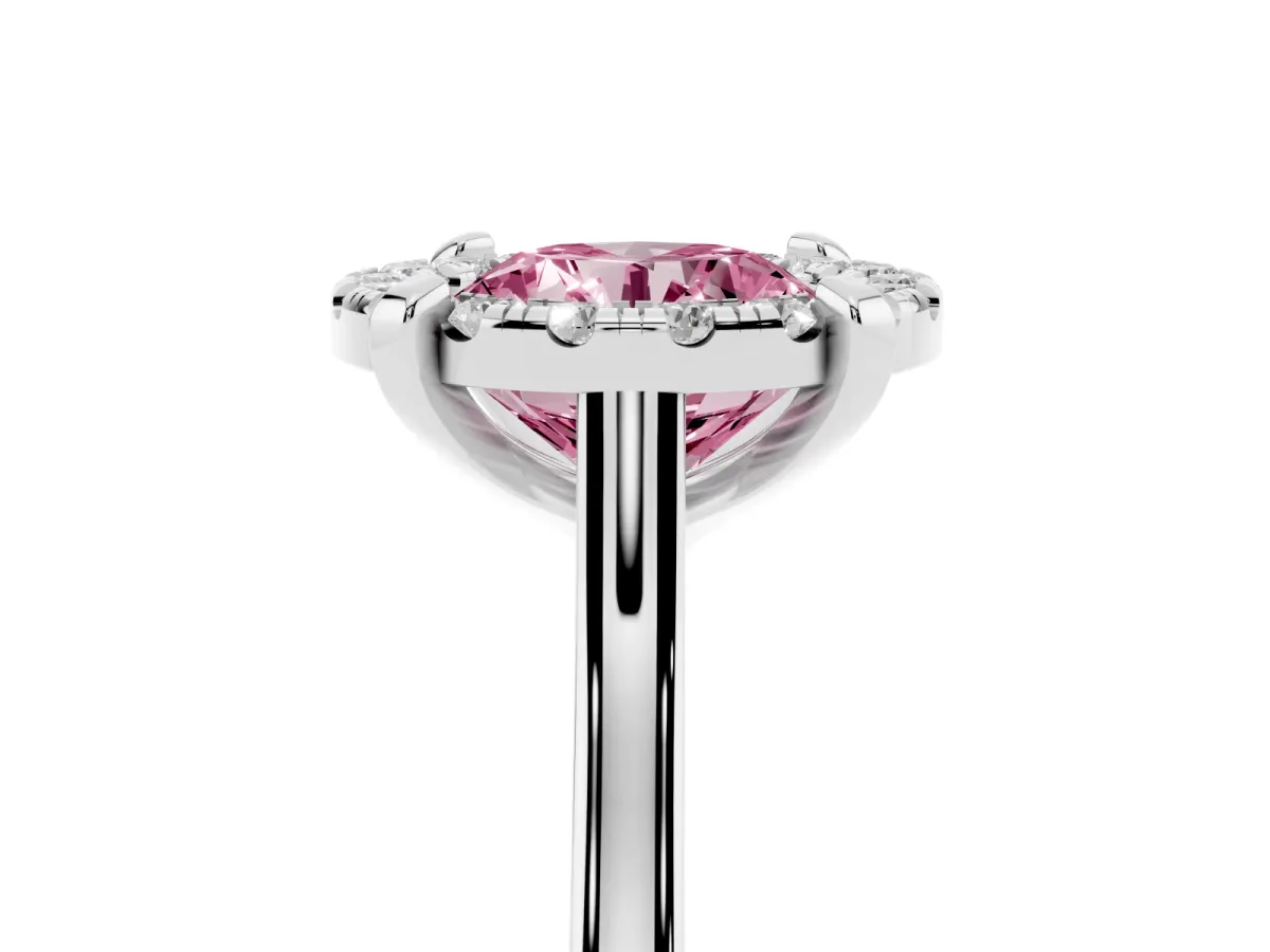 Fancy Pink Round Cut Diamond Cluster Halo Solitaire with Four-Prong Setting Platinum