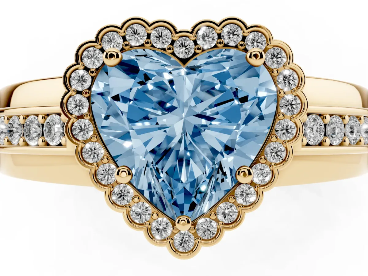 Fancy Blue Heart Cut Cut Halo Pave Band Four-Prong Ring Yellow gold