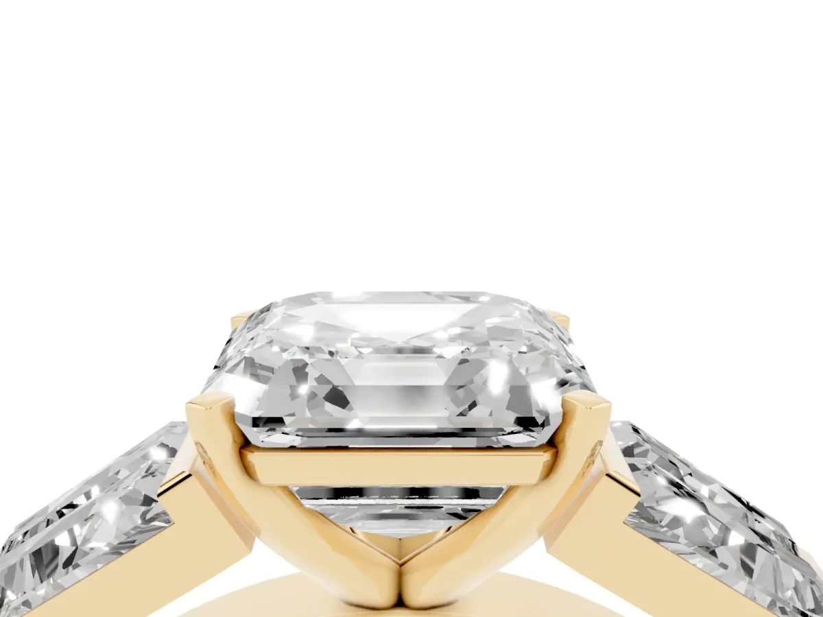 Asscher Cut Diamond Engagement Ring with Baguette Side Stones and Channel Set Band Yellow gold