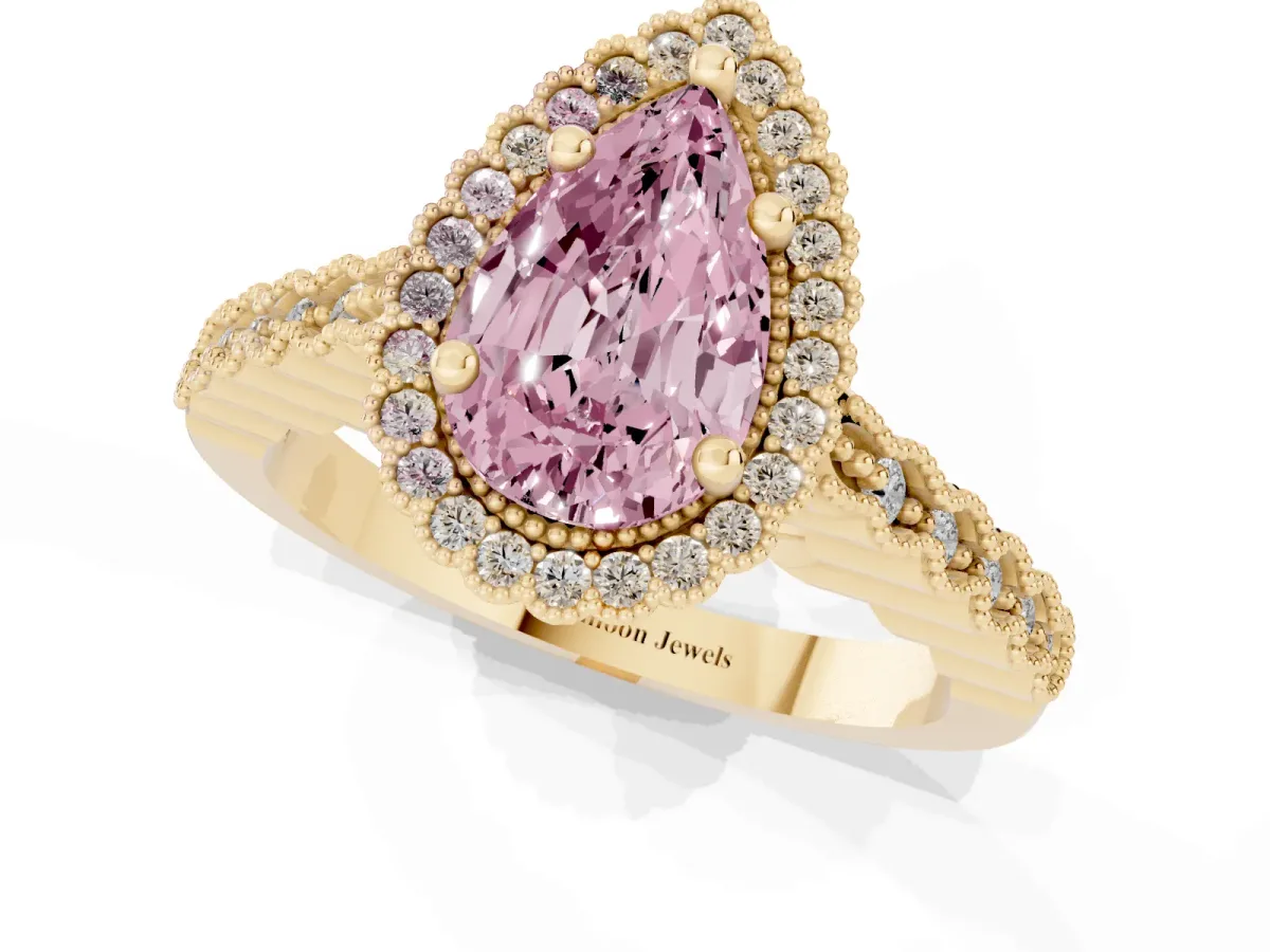 Fancy Pink Pear Cut Cut Halo Pavé Solitaire Ring with Milgrain Band Yellow gold