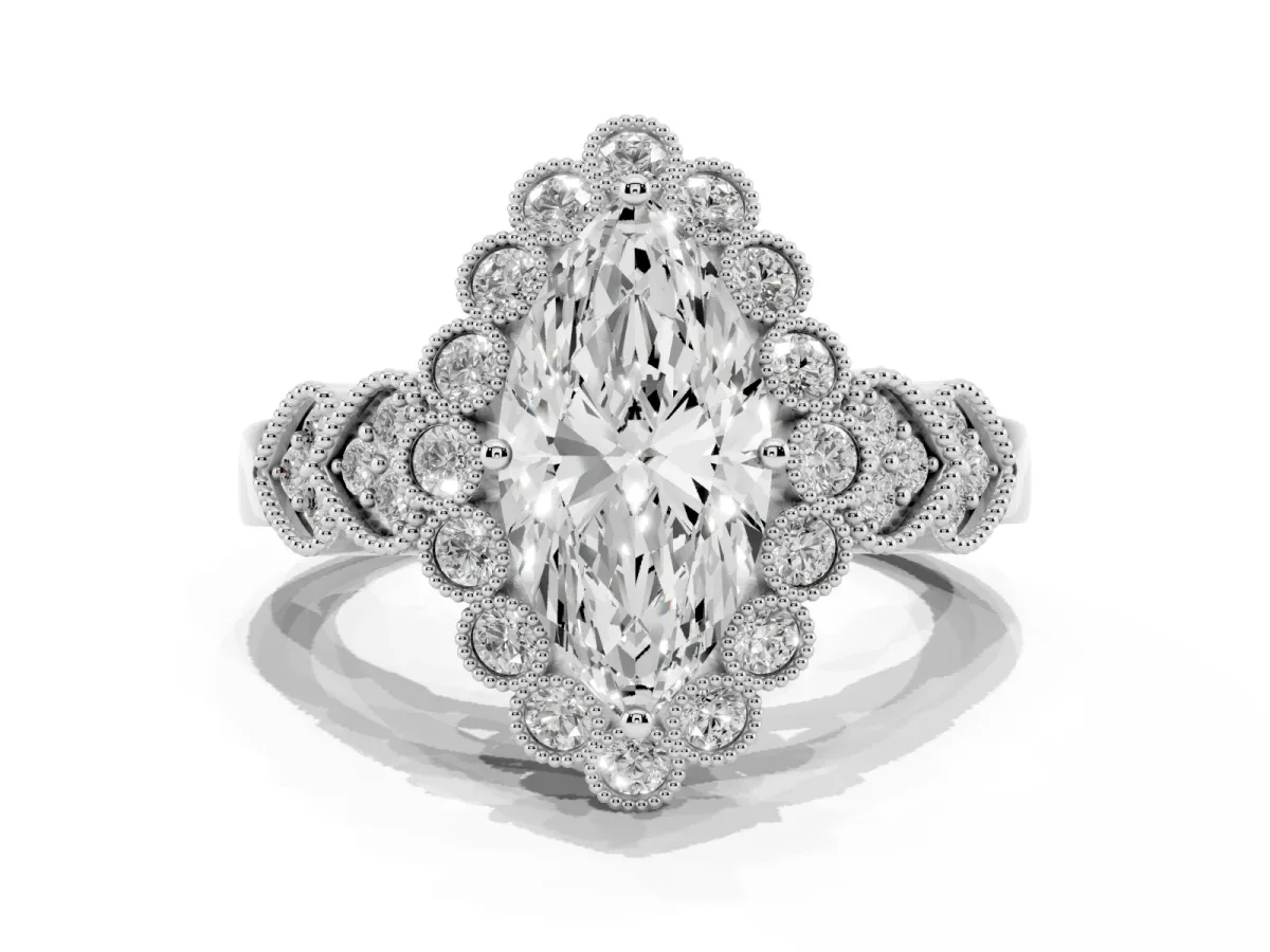 Marquise Cut Brilliant Milgrain Pave Heart Band Solitaire Ring Platinum