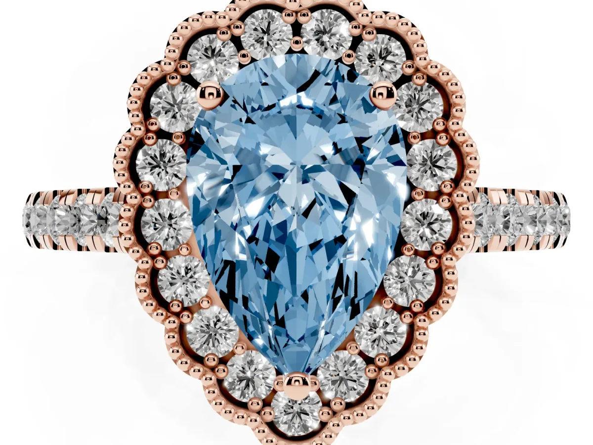 Fancy Blue Pear Cut Cut Diamond Milgrain Floral Halo Engagement Ring with Pavé Band Rose gold