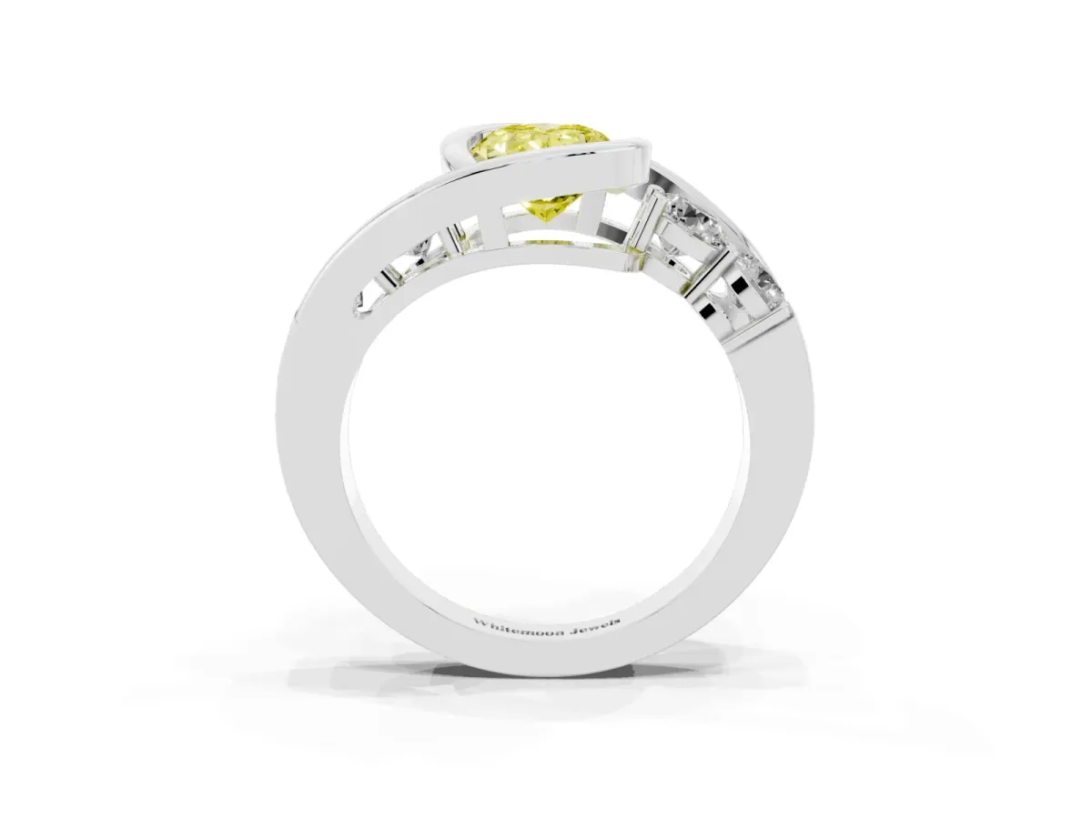Fancy Yellow Bezel Set Oval Cut Diamond Bypass Ring with Round Accents Platinum
