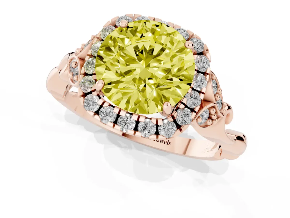 Fancy Yellow Round Cut Halo Diamond Engagement Ring with Vintage-Inspired Band and Four-Prong Setting Rose gold