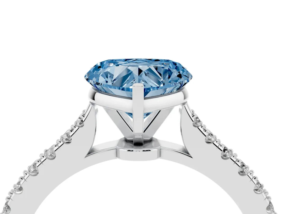 Fancy Blue Heart Cut Cut Solitaire Diamond Engagement Ring with Pave Band and Four-Prong Setting White gold