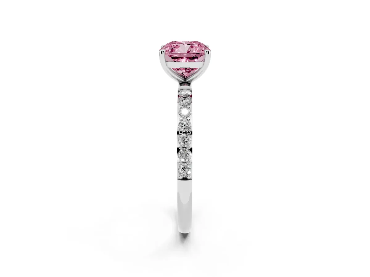 Fancy Pink Cushion Cut Diamond Solitaire Ring with Round Pavé Shoulders and Prong Setting Silver