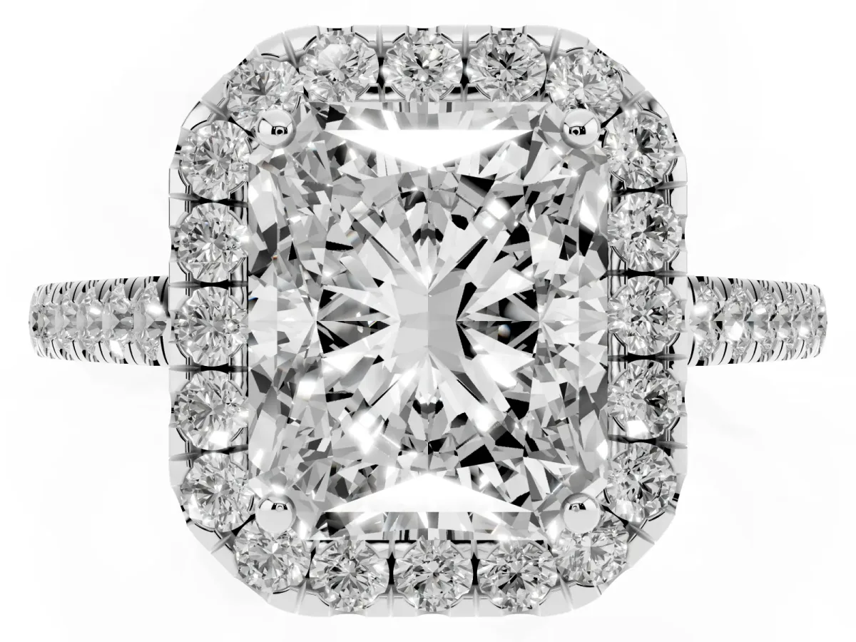 Radiant Cut Halo Pave Diamond Engagement Ring with Four-Prong Setting Silver