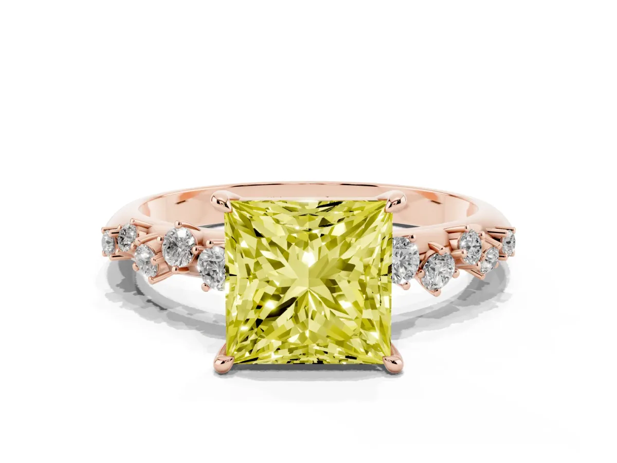 Fancy Yellow Princess Cut Diamond Cluster Side Stone Solitaire Ring with Prong Setting Rose gold