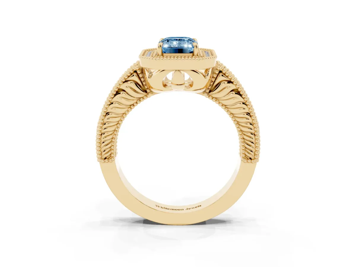 Fancy Blue Emerald Cut Cut Halo Diamond Ring with Pavé Band and Four-Prong Setting Yellow gold