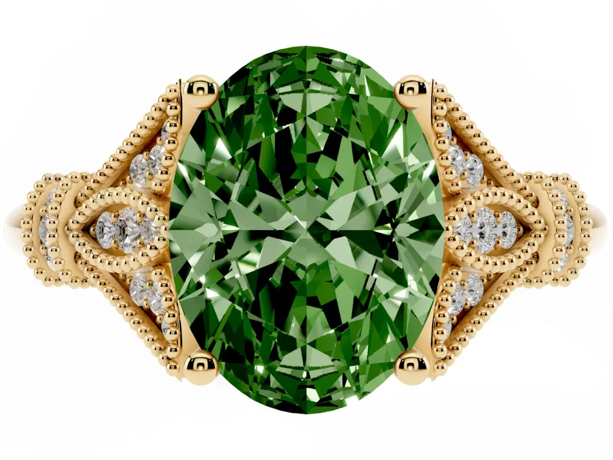 Fancy Green Oval Cut Diamond Solitaire Ring with Floral Filigree and Pave Accents Yellow gold