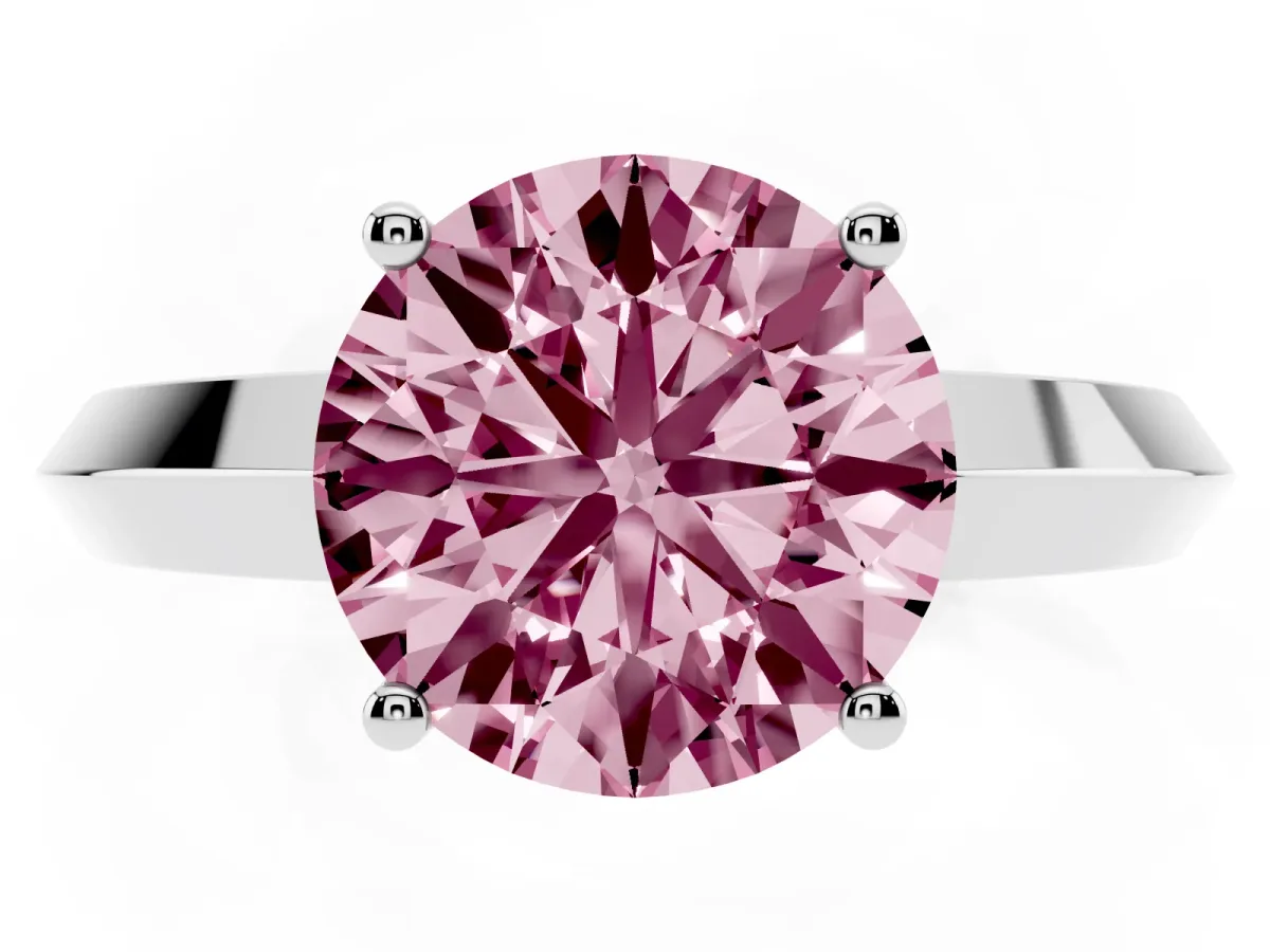 Fancy Pink Round Cut Cut Solitaire Engagement Ring with Flat Band and Four-Prong Setting White gold