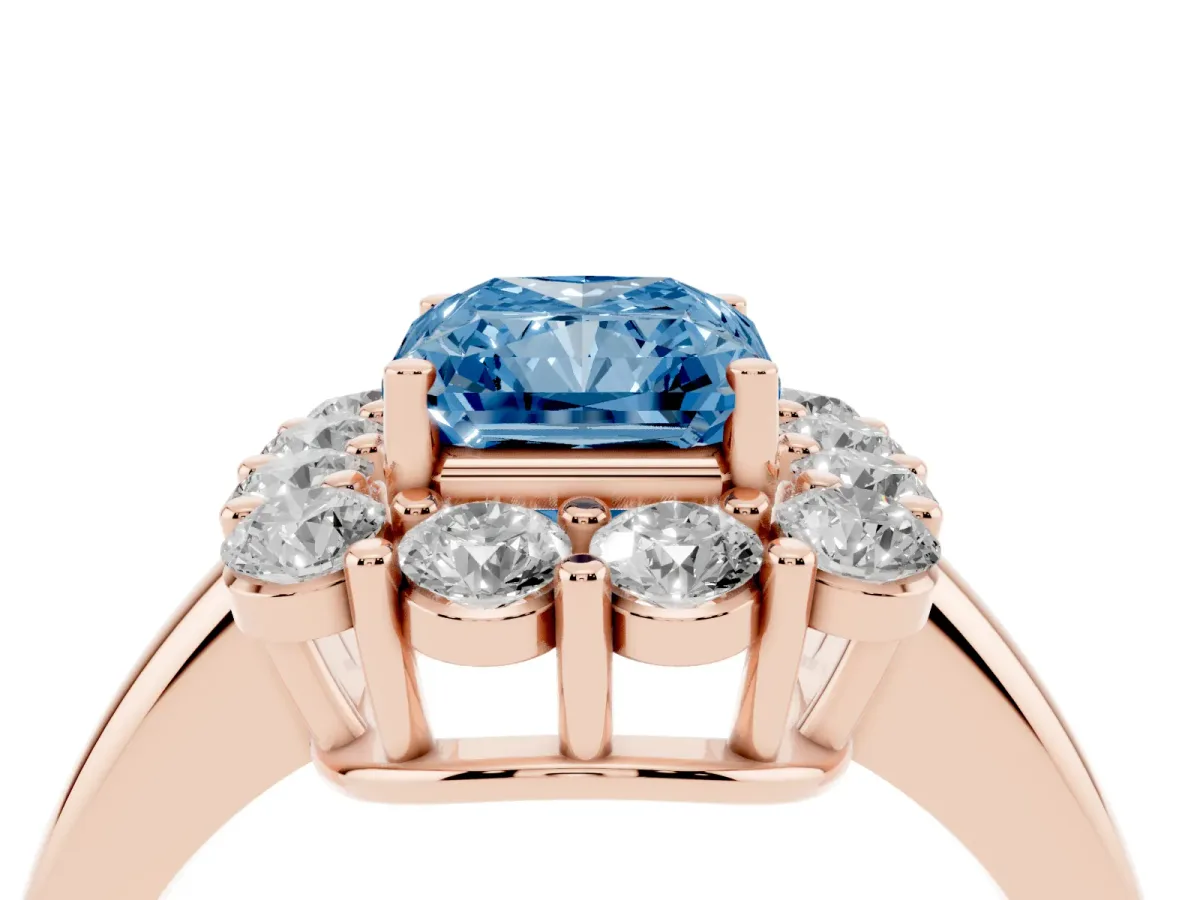 Fancy Blue Radiant Cut Halo Cluster Diamond Engagement Ring with Prong Setting and Polished Band Rose gold