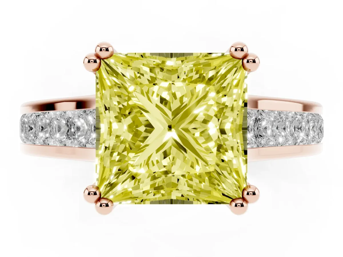 Fancy Yellow Princess Cut Cut Channel Set Solitaire Engagement Ring with Prong Setting Rose gold