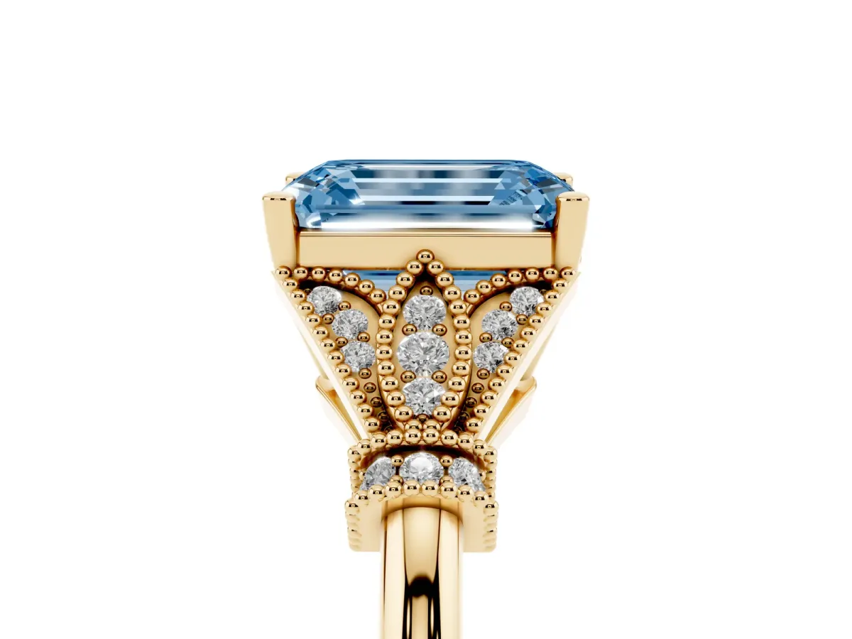 Fancy Blue Emerald Cut Diamond Solitaire Ring with Floral Filigree and Pave Accents Yellow gold