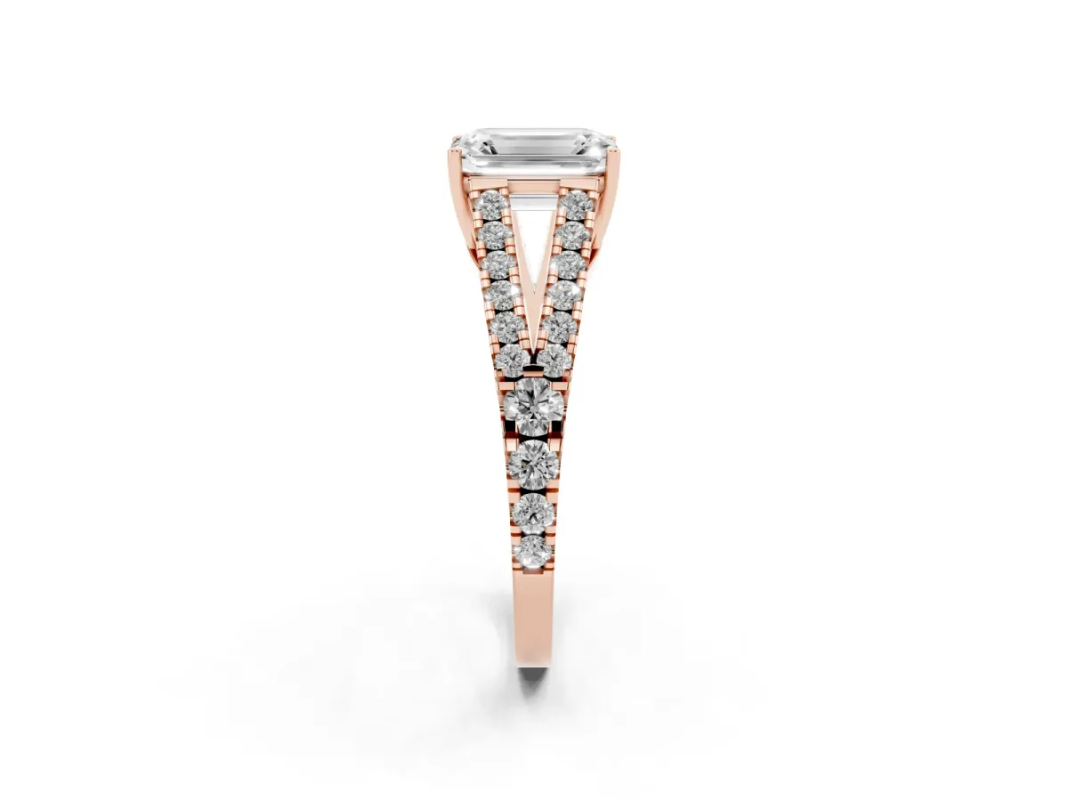 Emerald Cut Diamond Split Shank Pavé Engagement Ring with Four-Prong Setting Rose gold