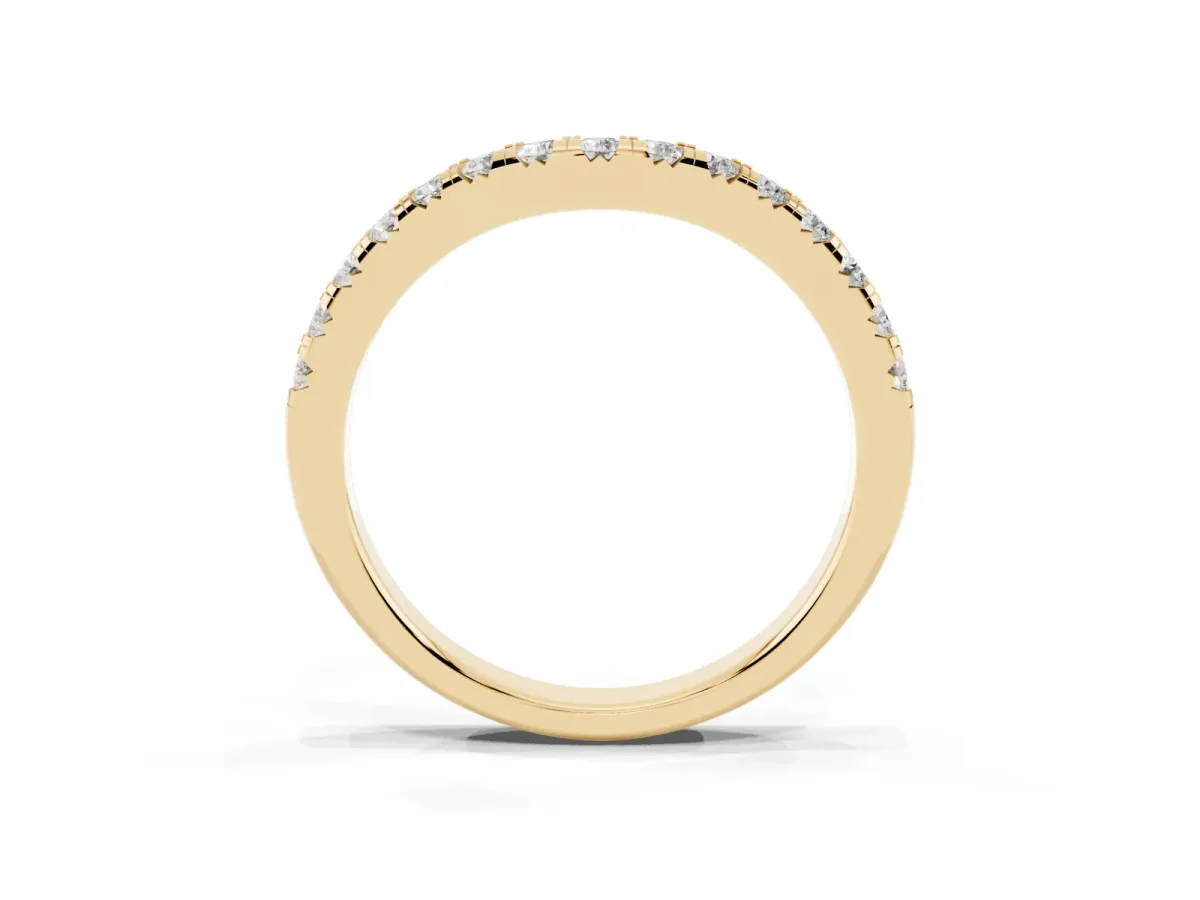 Round Diamond Curved Pavé Wedding Band with Shared Prong Setting Yellow gold
