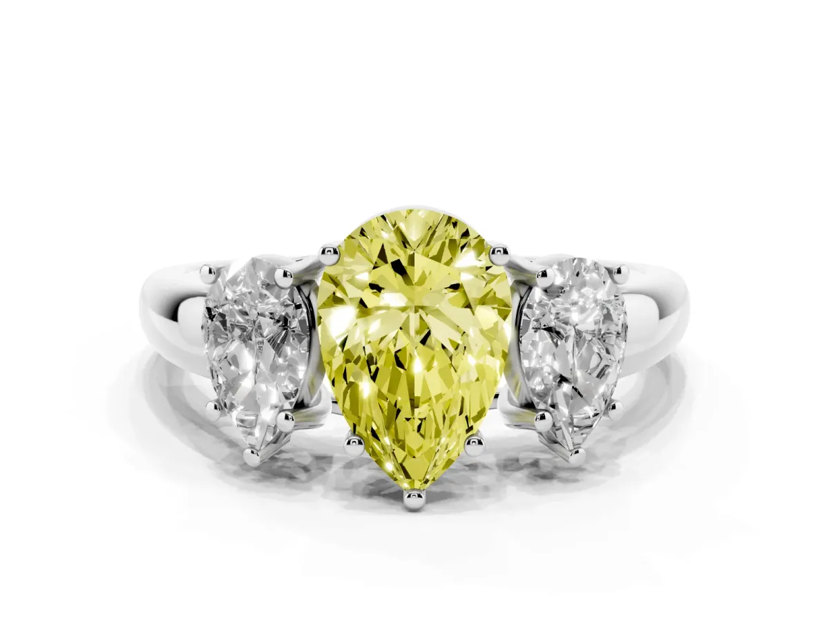Fancy Yellow Three-Stone Pear Cut Diamond Engagement Ring with Prong Setting Platinum
