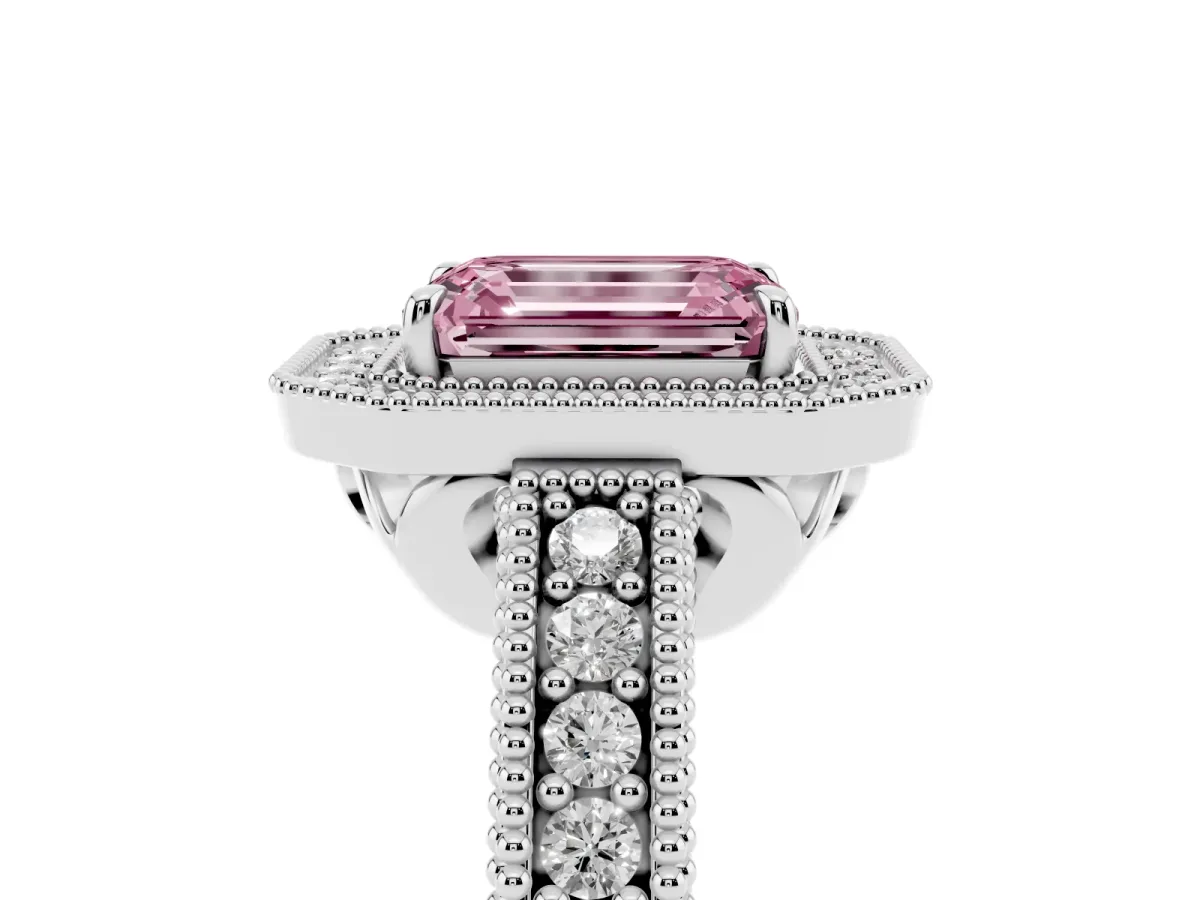 Fancy Pink Emerald Cut Cut Halo Diamond Ring with Pavé Band and Four-Prong Setting Platinum