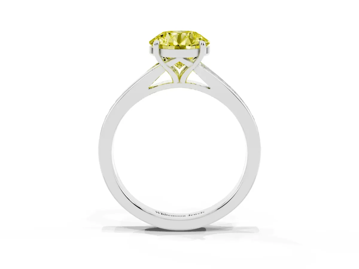 Fancy Yellow Round Cut Diamond Solitaire Ring with Pavé Band and Prong Setting Silver