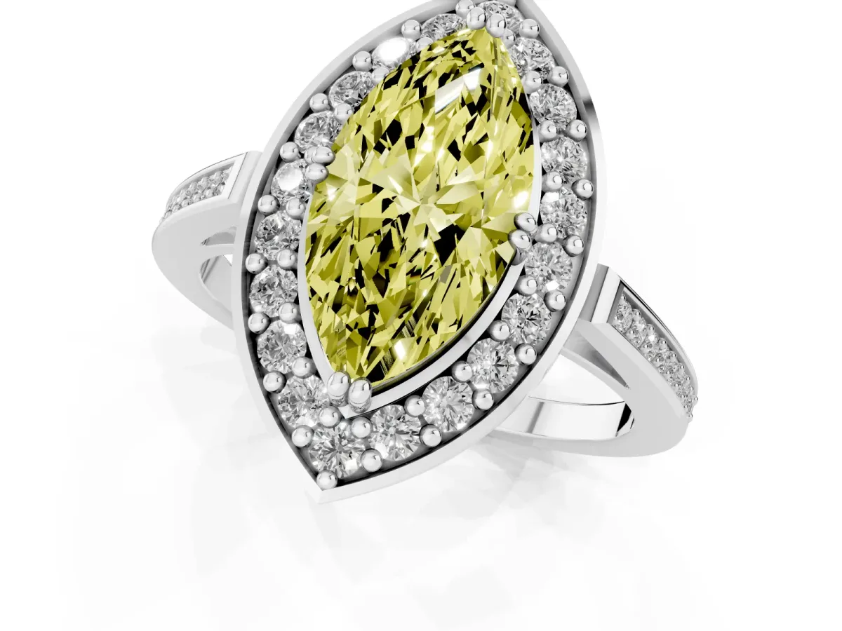 Fancy Yellow Marquise Cut Diamond Halo Ring with Split Shank and Four-Prong Setting Silver