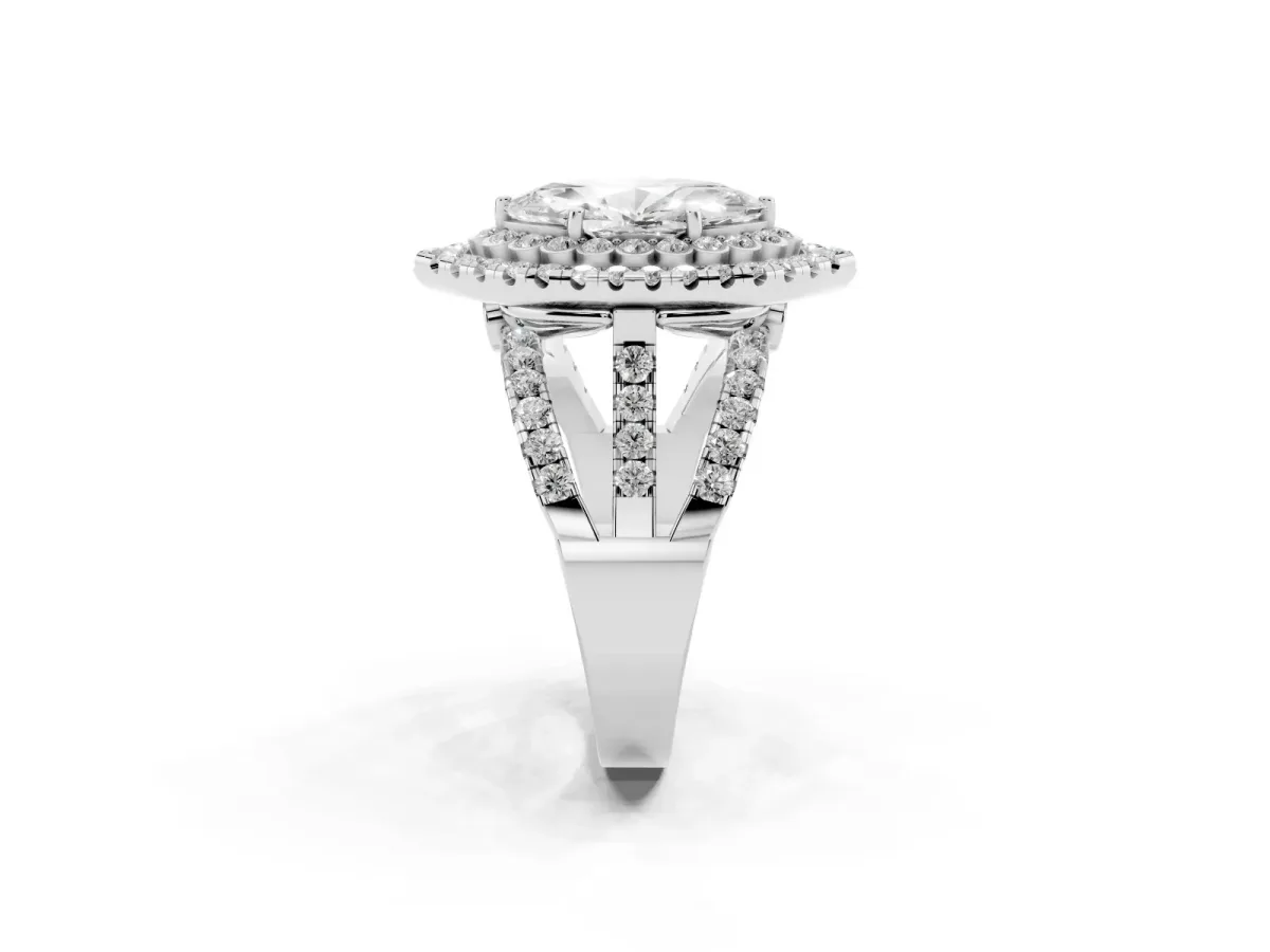 Marquise Cut Diamond Double Halo Ring with Round Pavé Split Shank and Prong Setting Silver