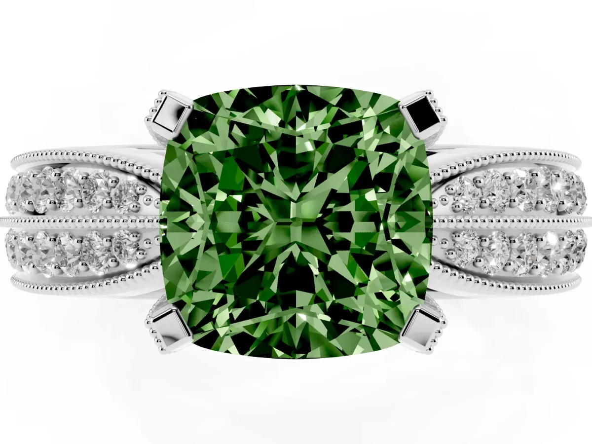 Fancy Green Cushion Cut Diamond Solitaire Ring with Milgrain Round Pavé Band and Prong Setting Silver
